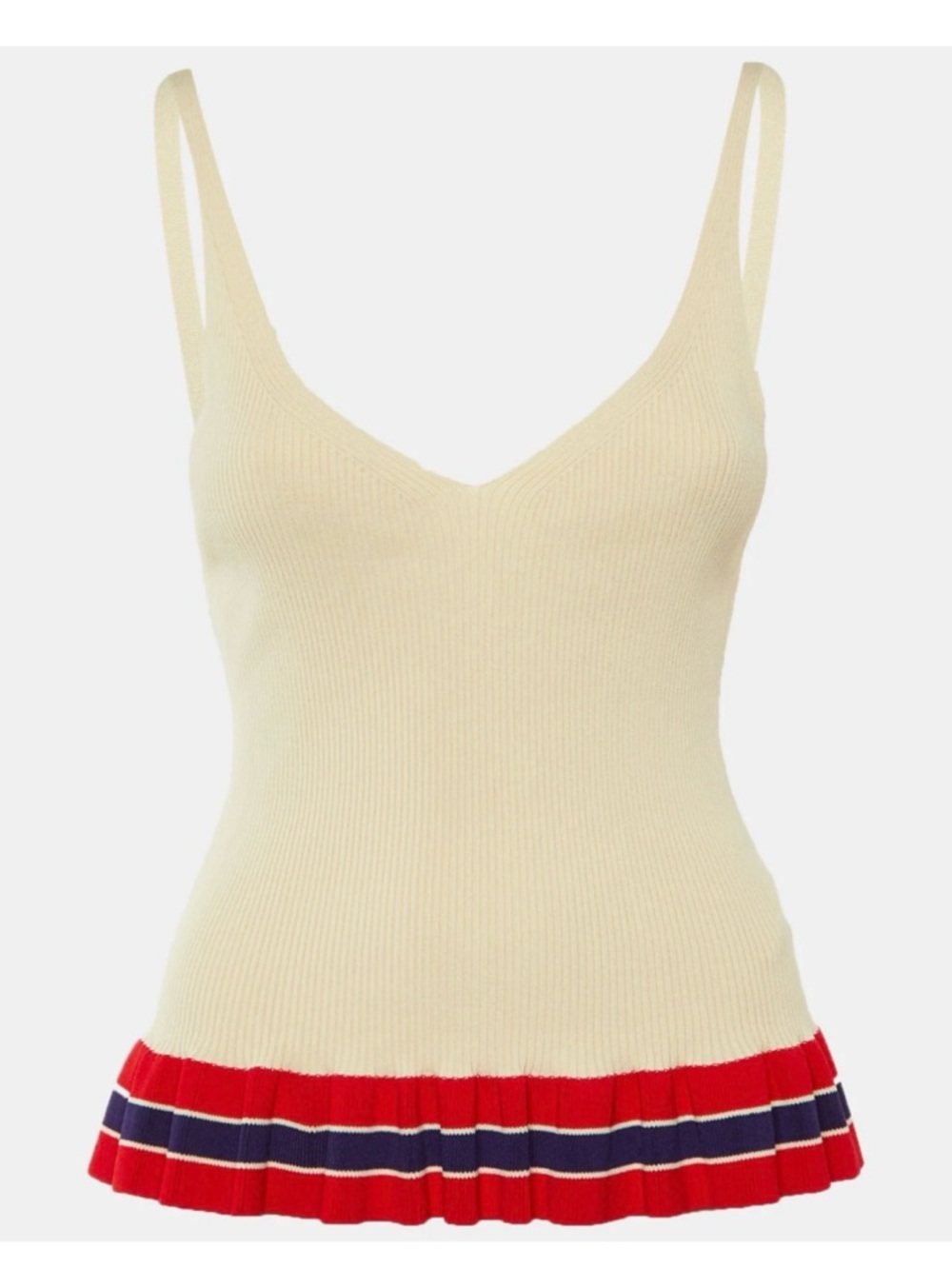 Sandro Cream Ribbed V-Neck Tank Top with Red Striped Hem
